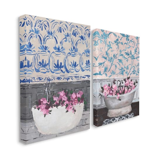 Stupell Industries Flowers In Bath Tub Pink Blue Interior Design Canvas Wall Art